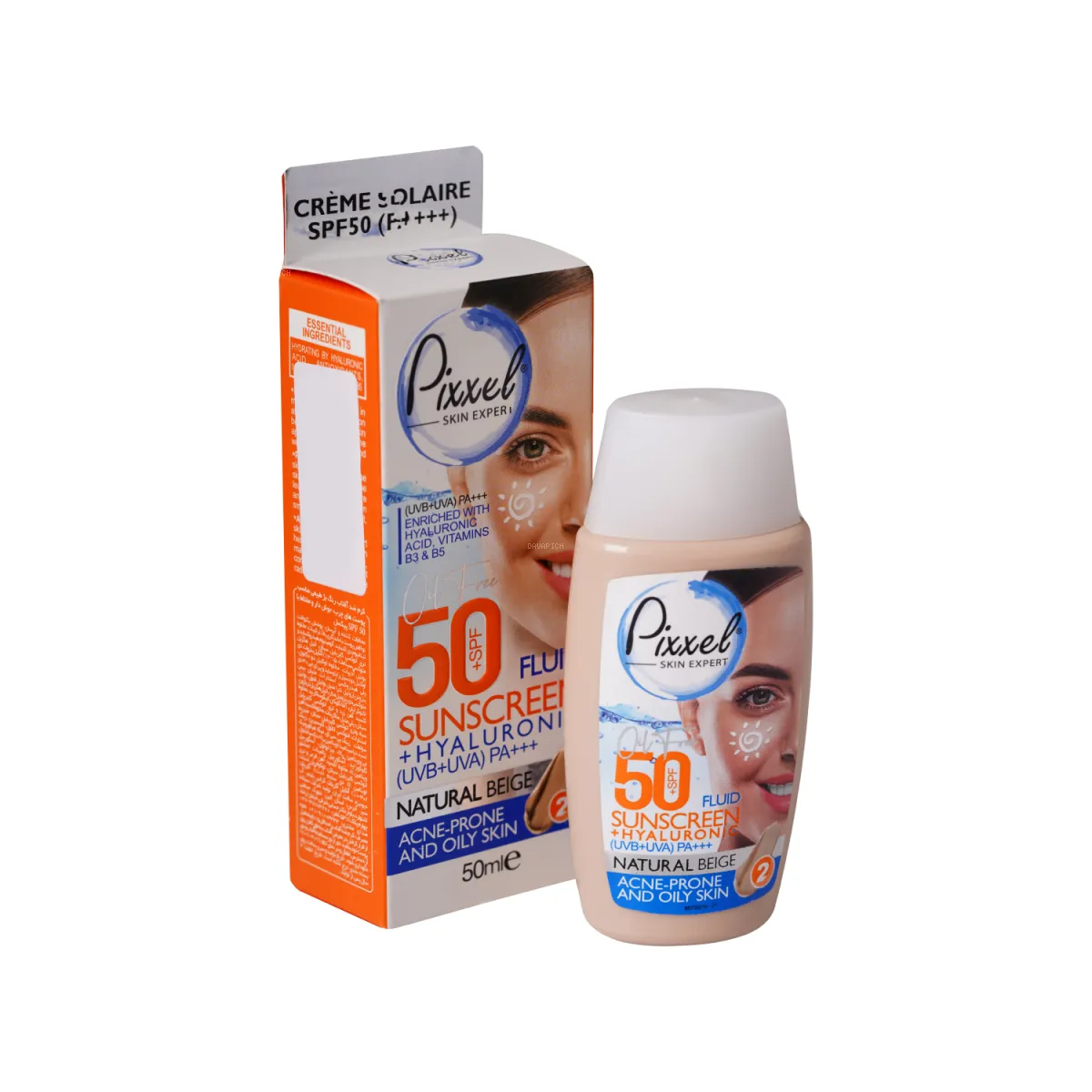 فلوئید ضد آفتاب SPF50 پیکسل رنگ بژ طبیعی مناسب پوست چرب و آکنه‌ دار