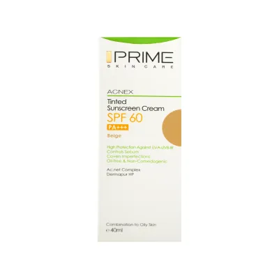 کرم ضد آفتاب SPF60 پرایم مدل Acnex رنگ بژ مناسب پوست مختلط تا چرب