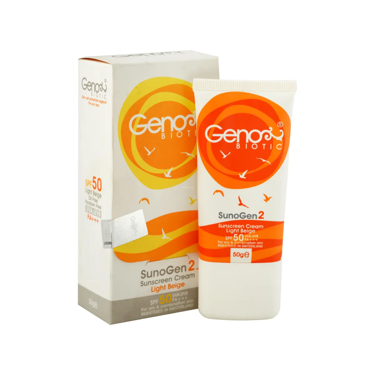 کرم ضد آفتاب SPF50 ژنوبایوتیک رنگ بژ روشن مناسب پوست چرب و مختلط