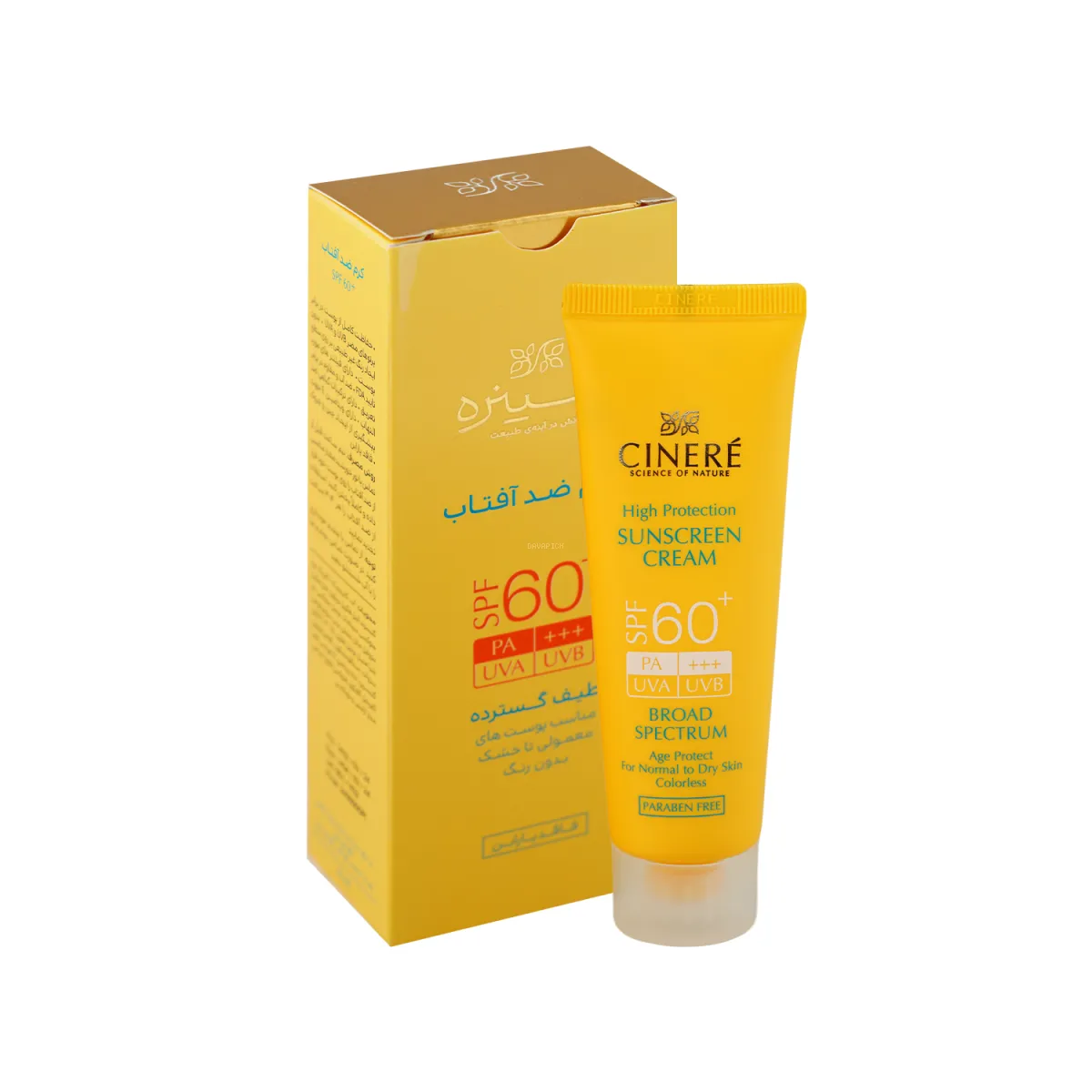 کرم ضد آفتاب SPF60 سینره بدون رنگ مناسب پوست معمولی تا خشک