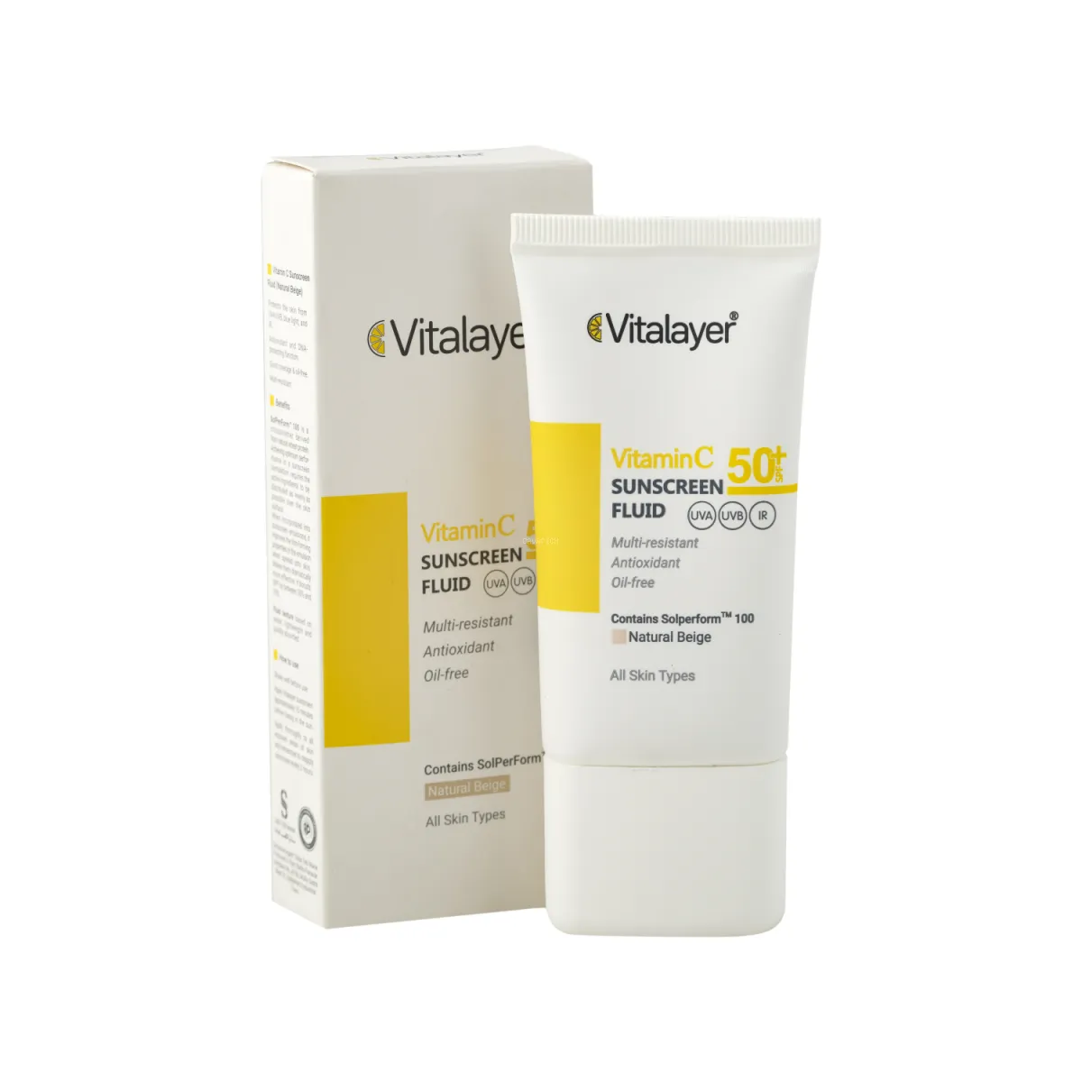 فلوئید ضد آفتاب SPF50 ویتالیر رنگ بژ طبیعی مناسب انواع پوست