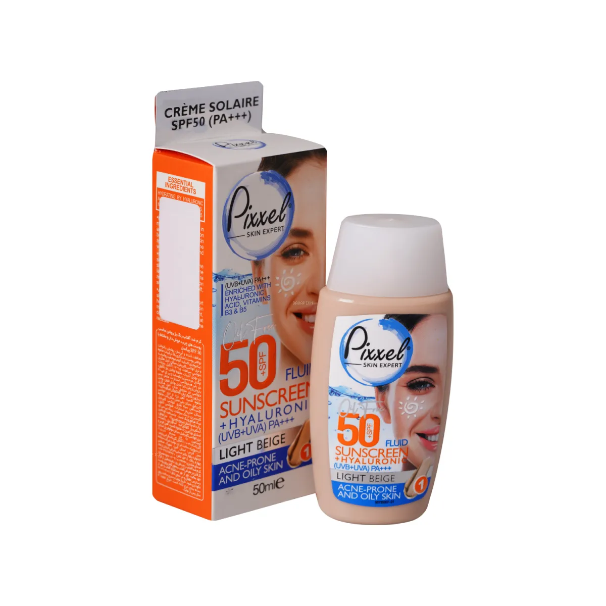 فلوئید ضد آفتاب SPF50 پیکسل رنگ بژ روشن مناسب پوست چرب و آکنه‌ دار