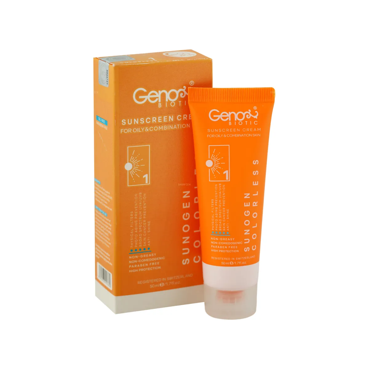 کرم ضد آفتاب SPF50 ژنوبایوتیک بدون رنگ مناسب پوست چرب و مختلط